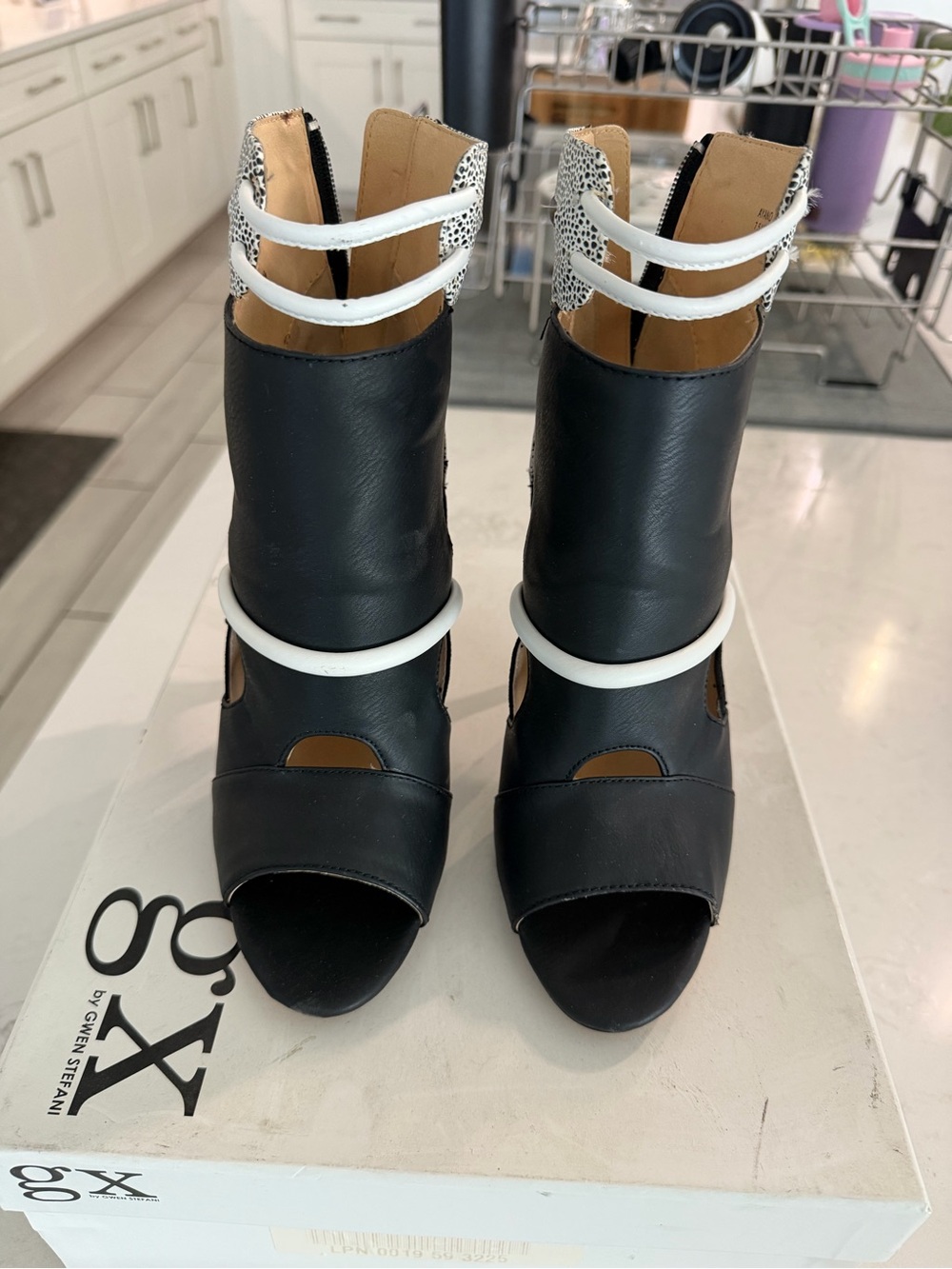 GX by Gwen Stefani Black Open-Toe Ankle Boots with White Strap Detail